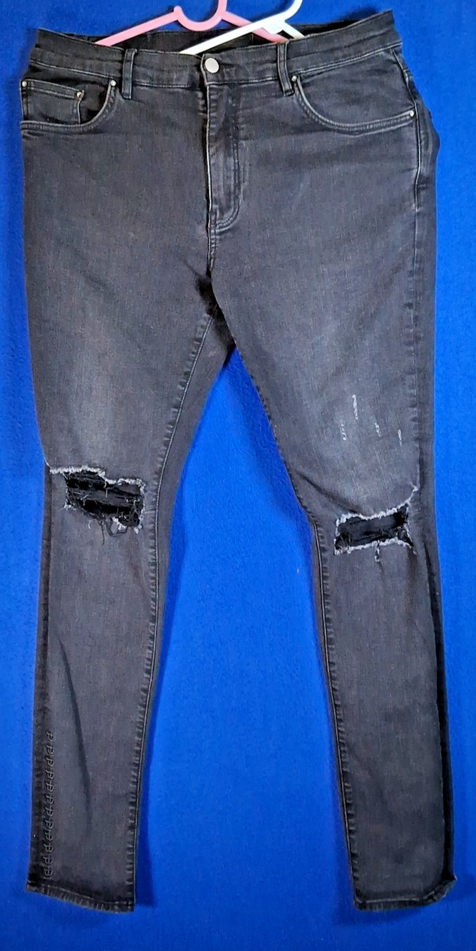 Dead Than Cool Mens Skinny Jeans Black Distressed Ripped Knee Denim Pants Sz 36